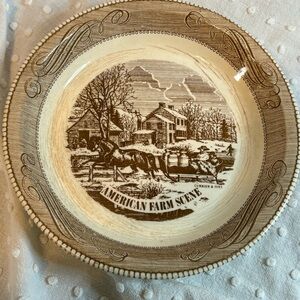 Royal China Jeanette Currier & Ives American Farm Scene Pie Plate Brown & White